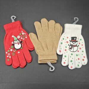 Youth Gloves One Size Bundle Of 3, Red White And‎ Sparkling Tan Christmas Themed